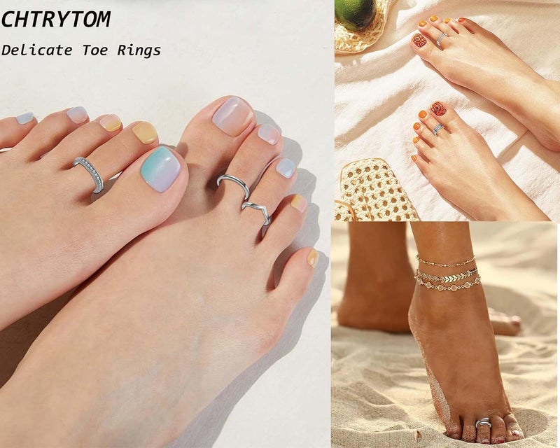 CHTRYTOM 6PCS Toe Rings for Women 18K Gold Silver Toe Ring Set Adjustable Non Tarnish Band Simple Beach Foot Jewelry for Summer - Image 5